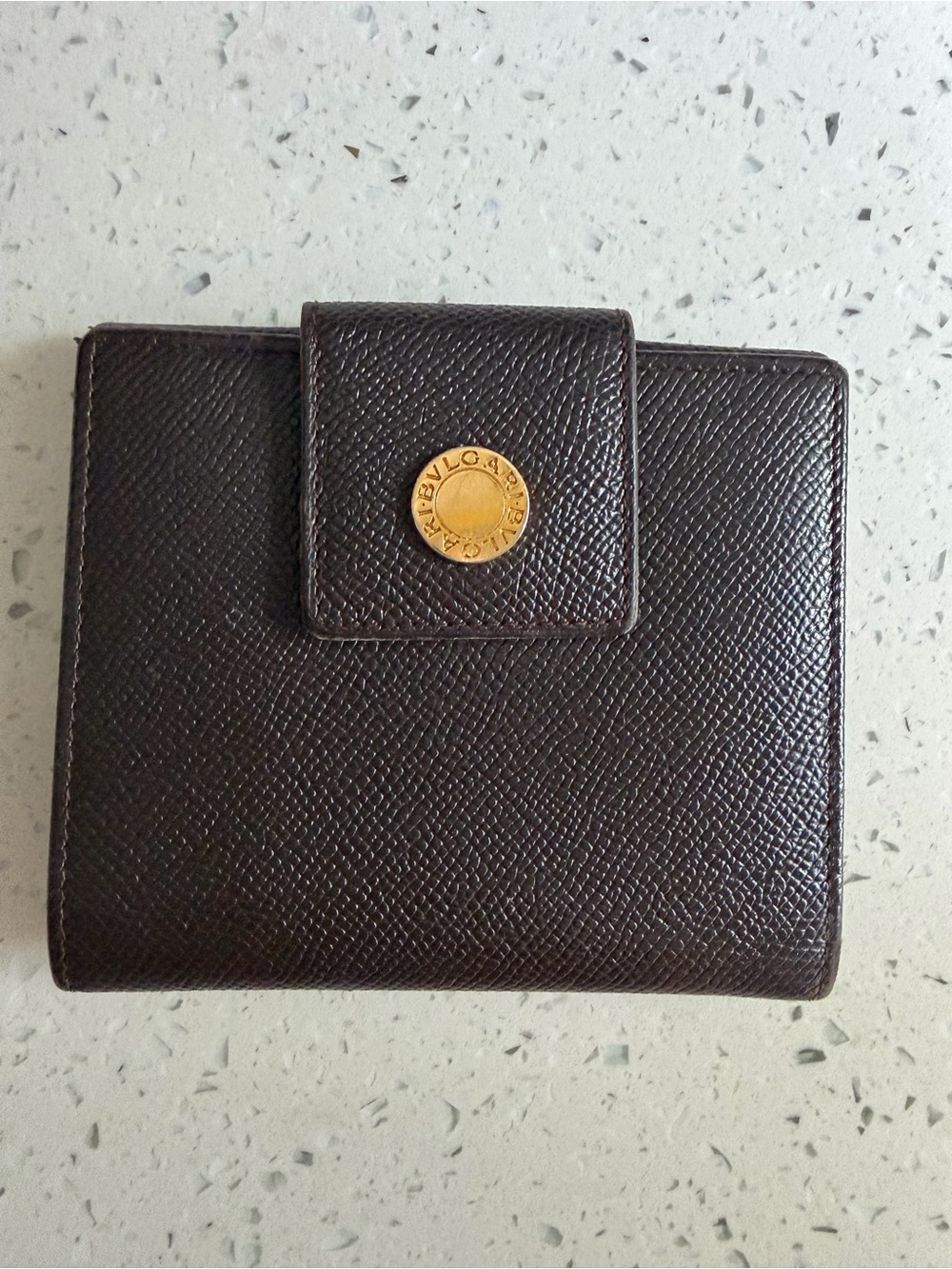 BVLGARI Dark Brown Leather Bifold Wallet with Gold Button